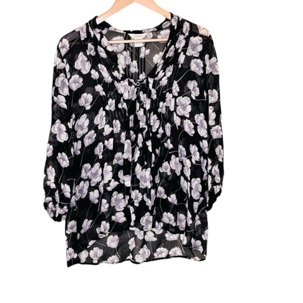 Sundance Silk Tie Neck Blouse Womens Size L Black Floral Dark Romance Boho